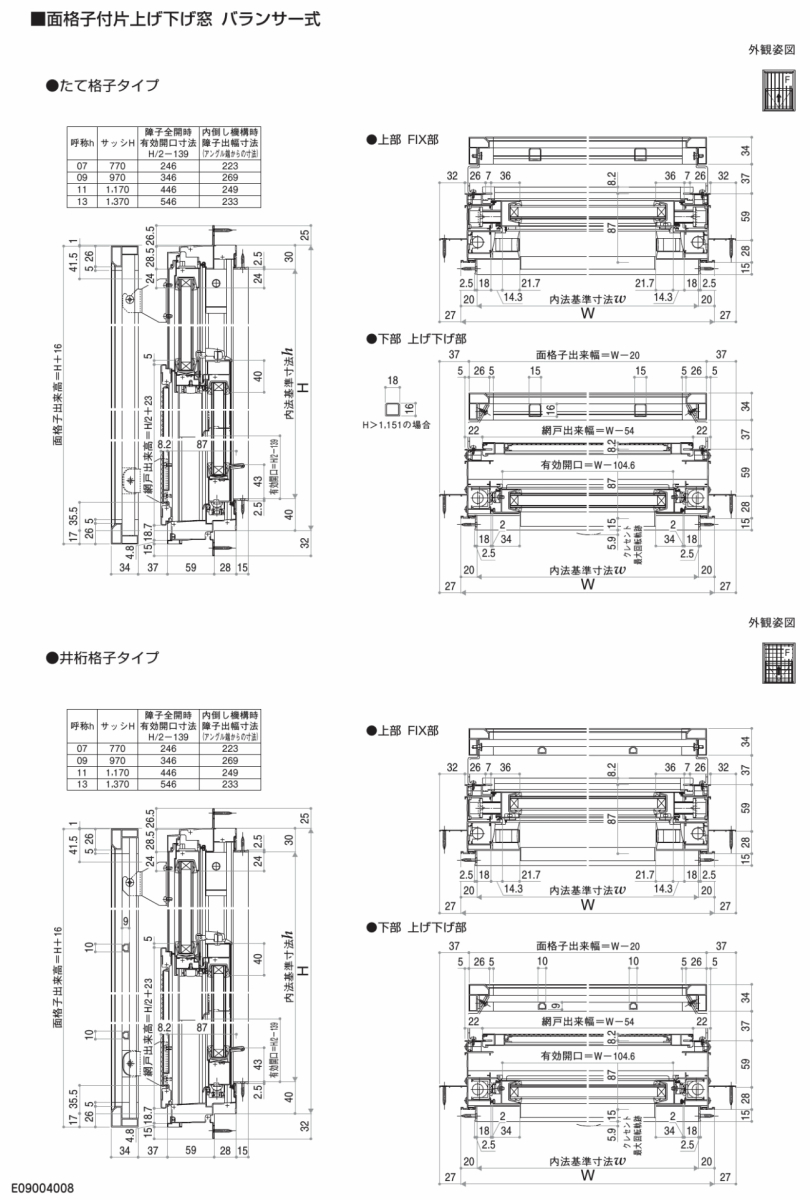 面格子付片上げ下げ窓 バランサー式 06907 エピソードII ＮＥＯ W730