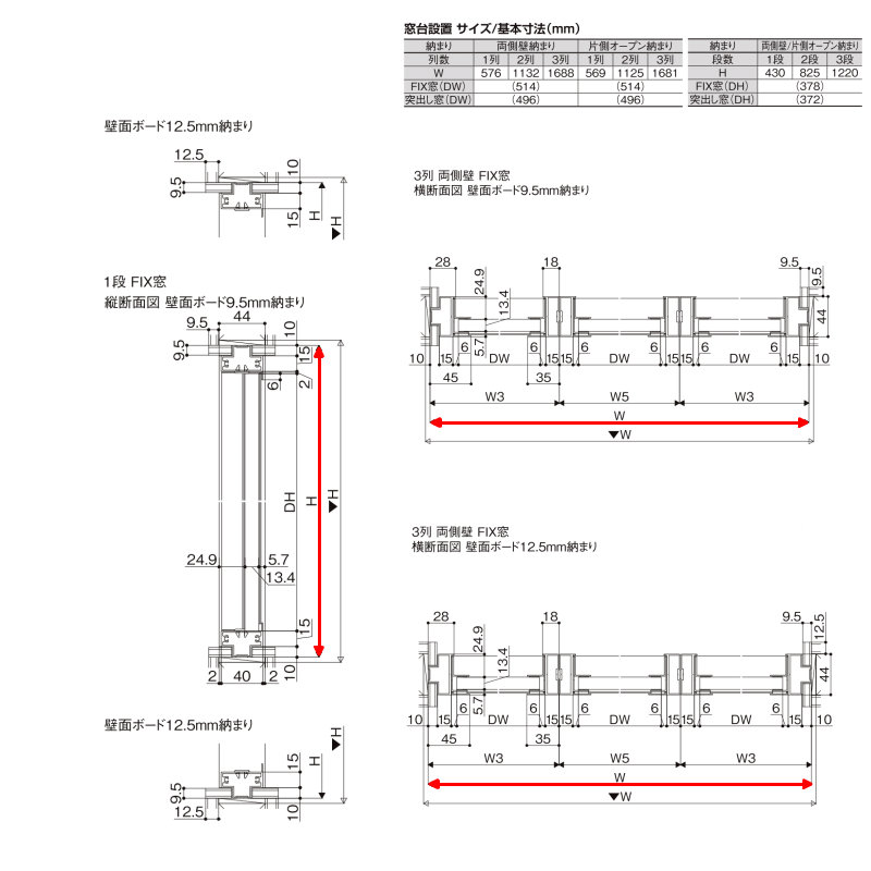 リクシル 室内窓 ラシッサS デコマド FIX窓×3+枠(両側壁納まり) LGA 3