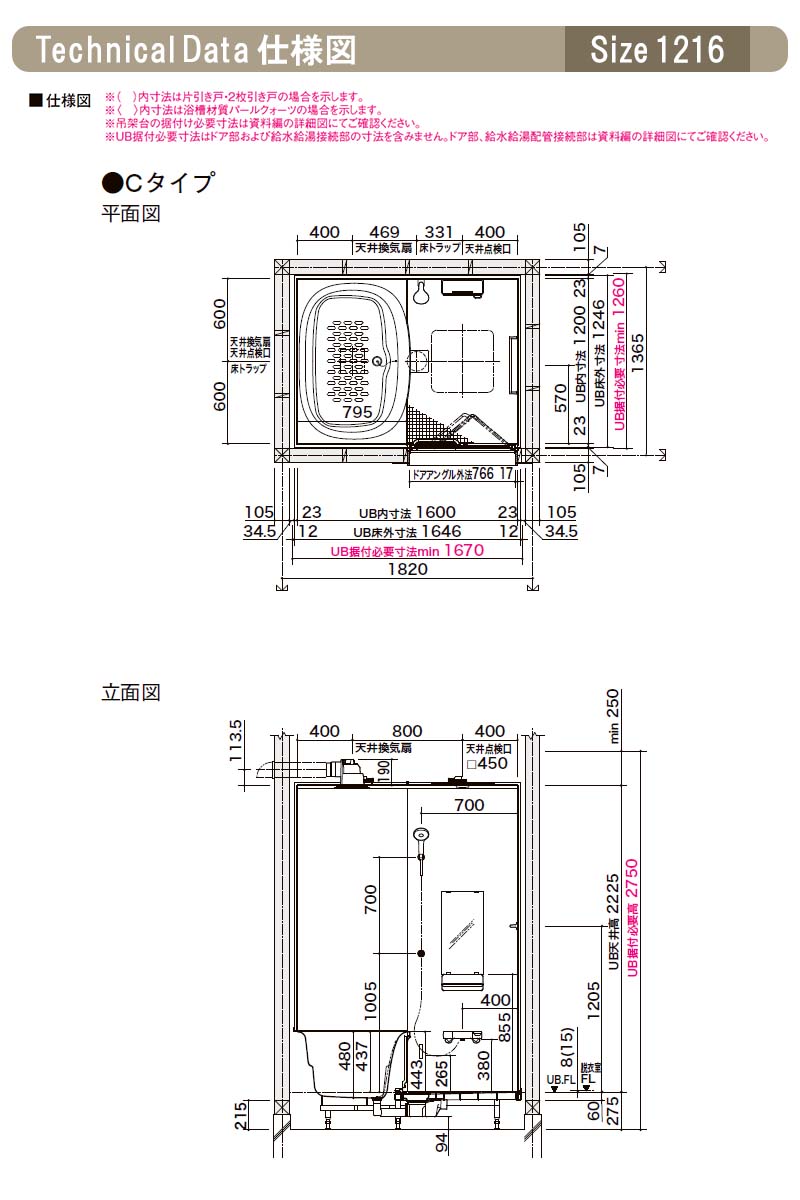 システムバスルーム リデア Cタイプ 1216(0.75坪)サイズ アクセント