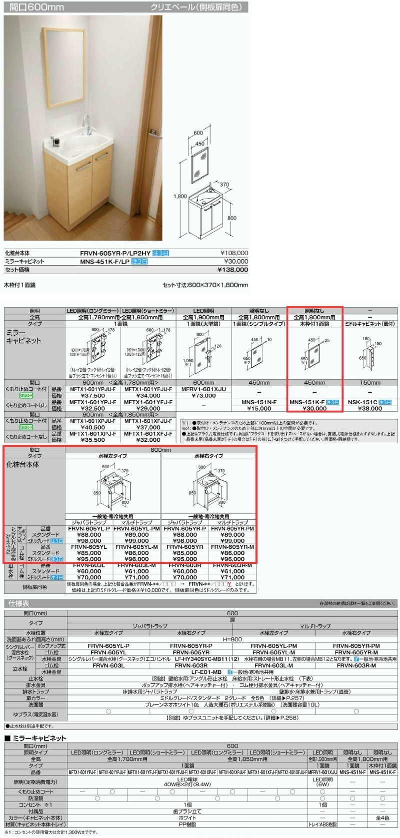 リクシル 洗面化粧台 リフラ 間口W600mm FRVN-605YR/○HY(側板)+MNS