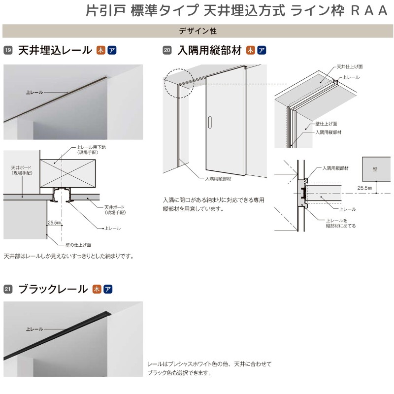 室内引戸 片引戸 標準タイプ 天井埋込方式 ライン枠 RZA ラフィス