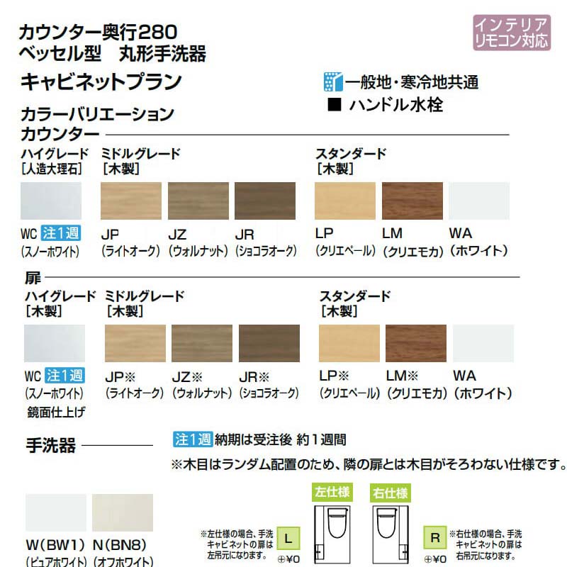 トイレ手洗 キャパシア キャビネット カウンター奥行280 ベッセル型 丸