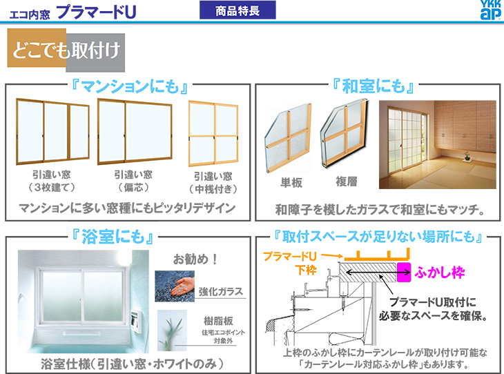 未使用品】 YKKap 引き違い窓 内窓 プラマードU 4枚建 複層ガラス 透明3mm 透明3mmガラス 制作範囲：幅2001〜3000mm×高1401〜1800mm 