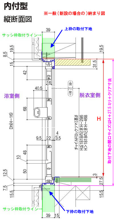 オーダーサイズ 枠付 浴室中折ドア SF型 内付型 幅530-850mm 高さ1801-2020mm LIXIL 2枚折戸 アルミサッシ - 1