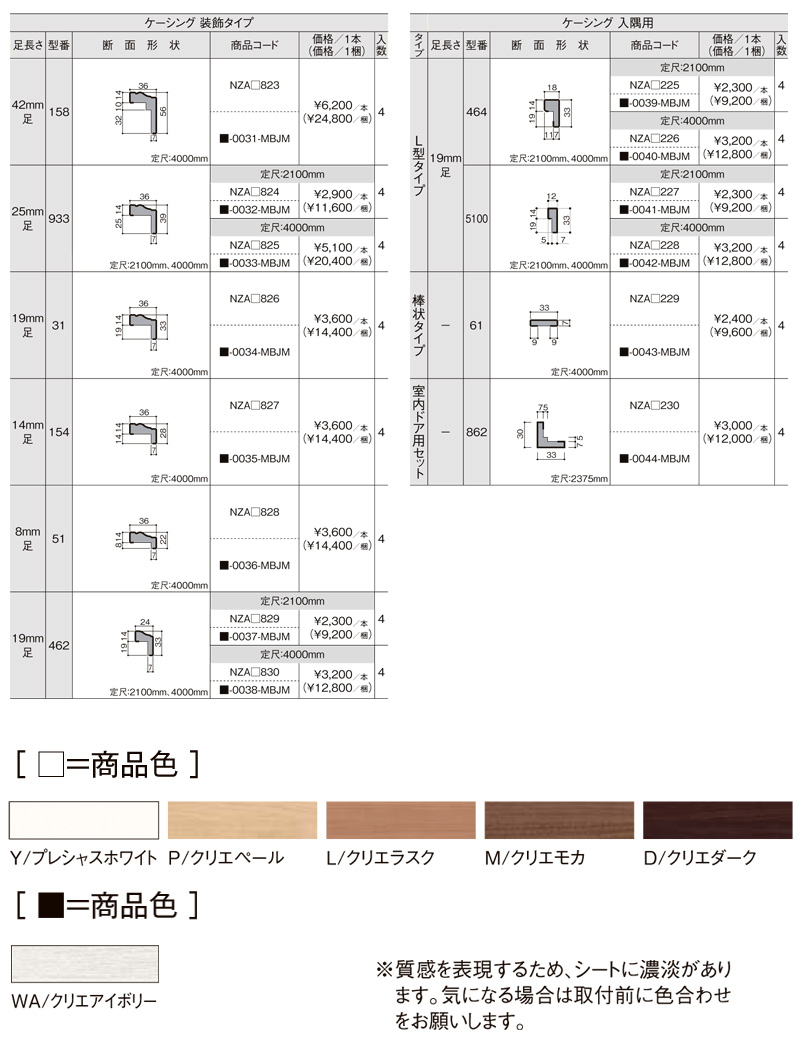 造作材 木造定尺材 ケーシング 足長さ19mm 定尺4000mm 入隅用 L型