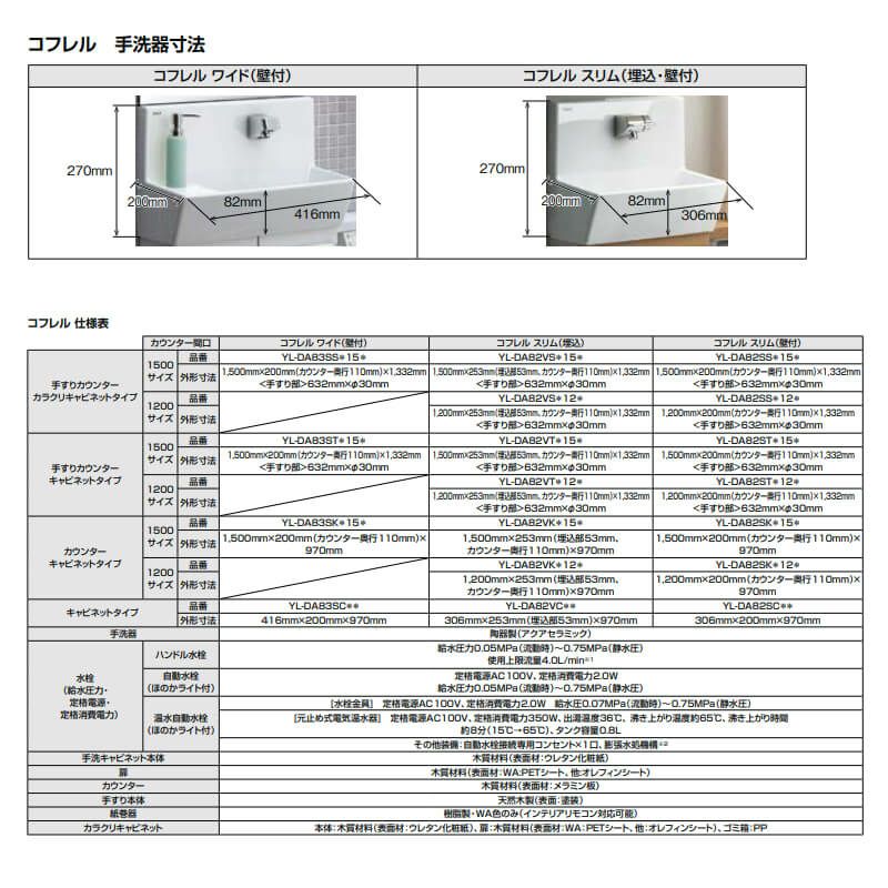 トイレ手洗 コフレル スリム(壁付) カウンタ－間口1500 手すりカウンター キャビネットタイプ(左右共通) YL-DA82ST(W/A/H)15(B/A/C)  ハンドル水栓 LIXIL リクシル | リフォームおたすけDIY