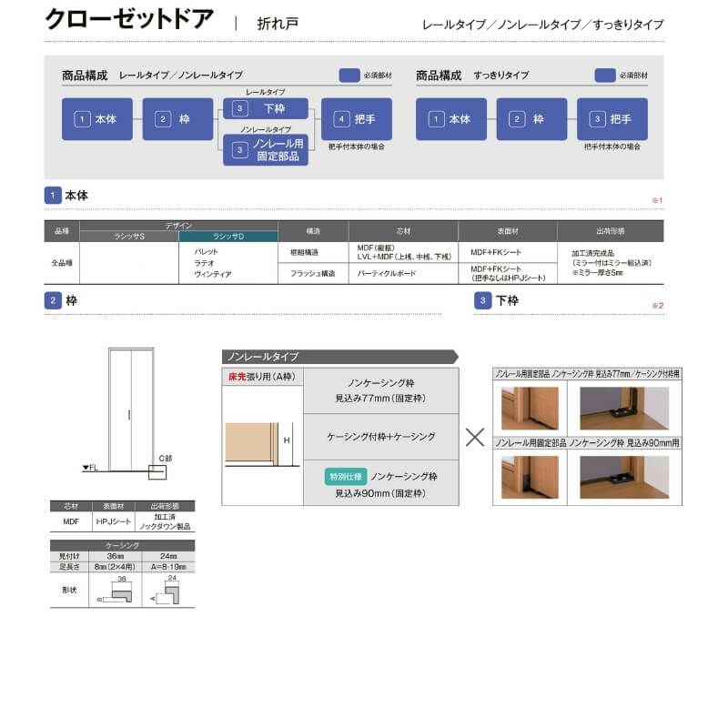 【オーダーサイズ 】リクシル ラシッサS クローゼットドア 2枚折れ戸 ノンレール ASCN-LAA ノンケーシング枠 W542～942mm×H1545～2425mm ミラー付/無 3枚目