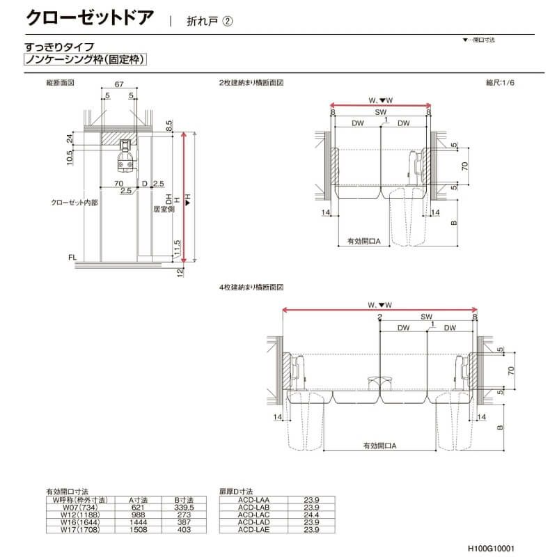 クローゼット扉 ドア 4枚 折れ戸 ラシッサD キナリモダン すっきりタイプ LAA 把手付 ノンケーシング枠 1223/1623/1723 ミラー付/なし リフォーム DIY 7枚目