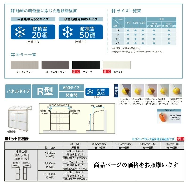 スピーネストックヤード リクシル パネルタイプ R型 袖壁仕様 間口2.0間3640mm×出幅6尺1785mm 600タイプ(耐積雪強度20cm) ストックヤード スピーネ LIXIL 2枚目