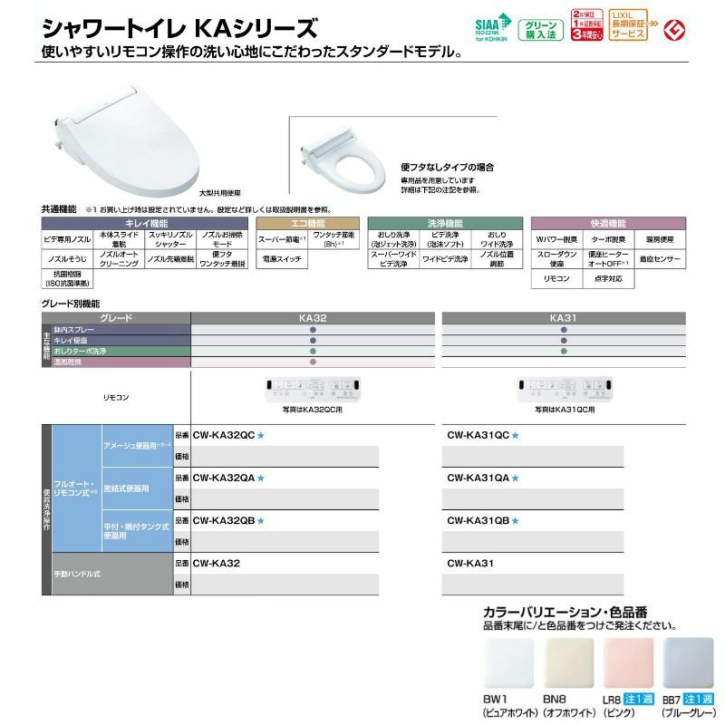 温水洗浄便座 CW-KA31QAシャワートイレ KAシリーズ密結式便器用