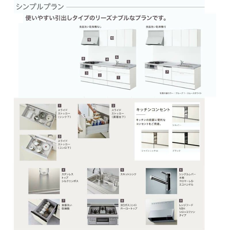 システムキッチン リクシル ノクト 壁付L型 W1950mm シンプル 3口コンロ 間口幅195×奥行65cm 食洗機なし 吊り戸棚付 グループ2  LIXIL リフォーム 流し台 システムキッチン セミオーダー 仕様変更対応 | リフォームおたすけDIY