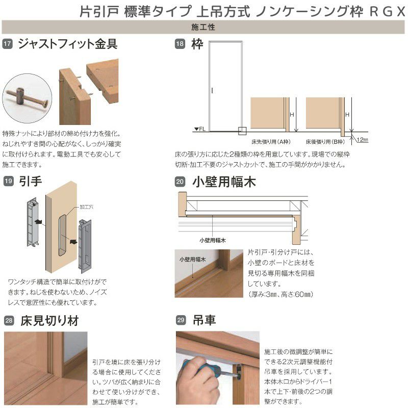 室内引戸 片引戸 標準タイプ 上吊方式 ノンケーシング枠 ラフィス RGX アクリル系パネル 1220/1320/1420/1620/1820 リクシル LIXIL Raffis 建具 リフォーム 10枚目