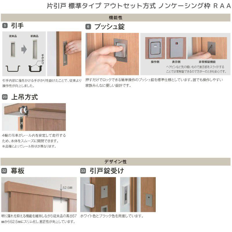 室内引戸 片引戸 標準タイプ アウトセット方式 ノンケーシング枠 ラフィス RAA  1320/1520/1620/1820 リクシル LIXIL Raffis 建具 リフォーム 8枚目