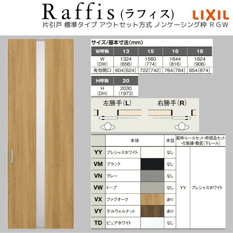 室内引戸 片引戸 標準タイプ アウトセット方式 ノンケーシング枠 ラフィス RGW アクリル系パネル 1320/1520/1620/1820 リクシル LIXIL Raffis 建具 リフォーム 4枚目