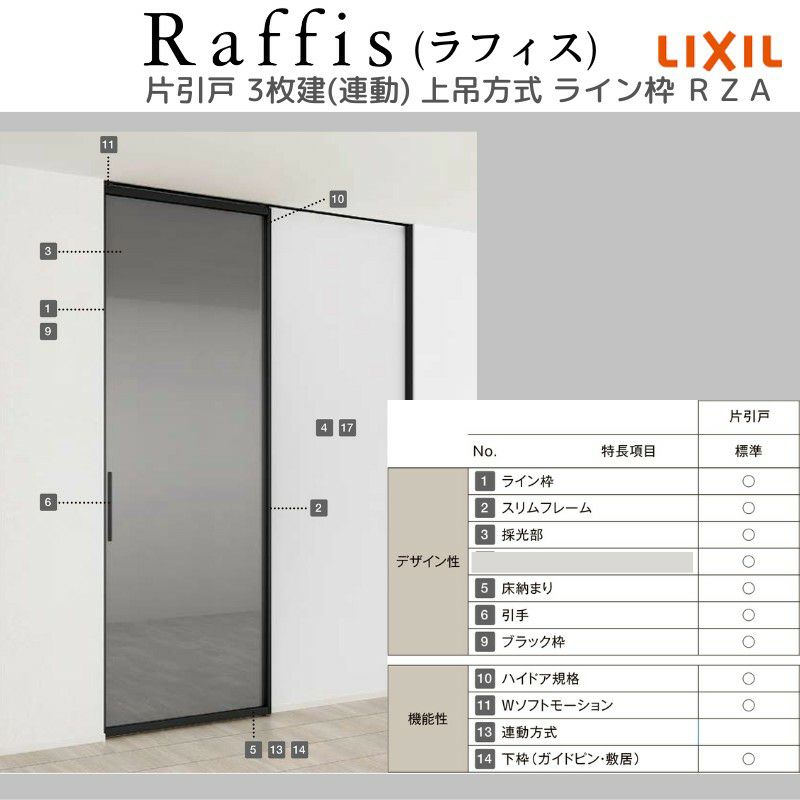 室内引戸 片引戸 3枚建(連動) 上吊方式 ライン枠 ラフィス RZA アルミガラス 3224 リクシル LIXIL Raffis 建具 リフォーム 6枚目
