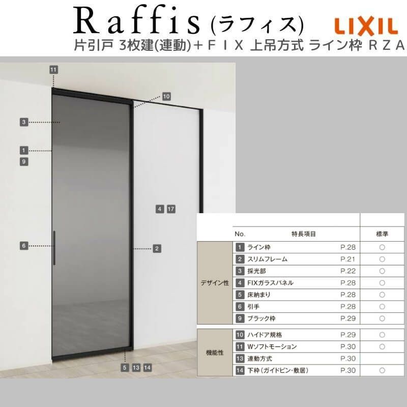 室内引戸 片引戸 3枚建＋ＦＩＸ 上吊方式 ライン枠 ラフィス RZA アルミガラス 3224 リクシル LIXIL Raffis 建具 リフォーム 6枚目