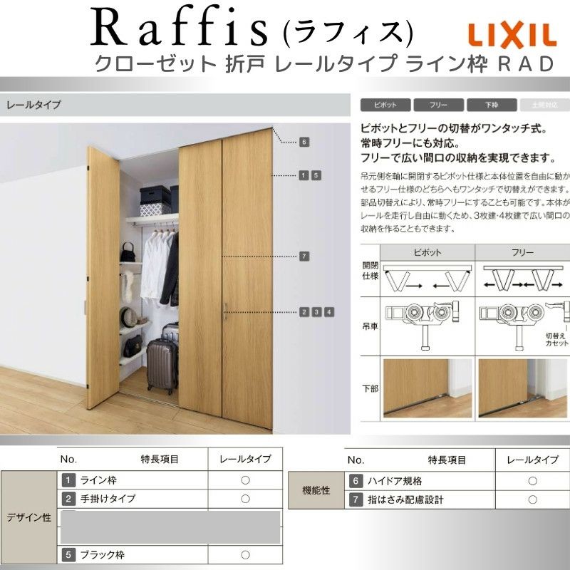 クローゼットドア 折れ戸 本体×2P(4枚) レールタイプ ライン枠