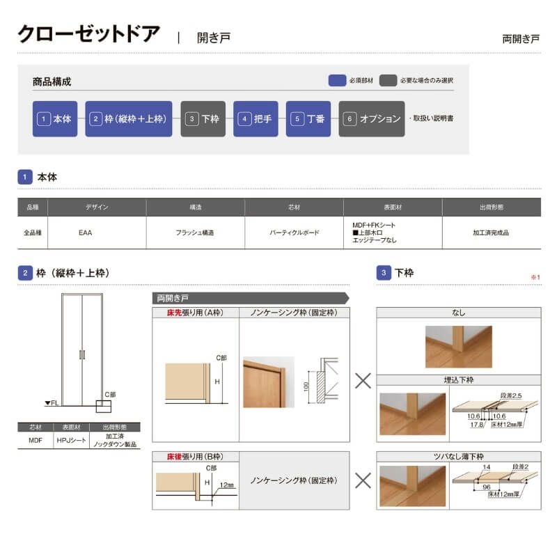 オーダーサイズ 】TA クローゼットドア 両開き戸 ノンケーシング枠/EAA