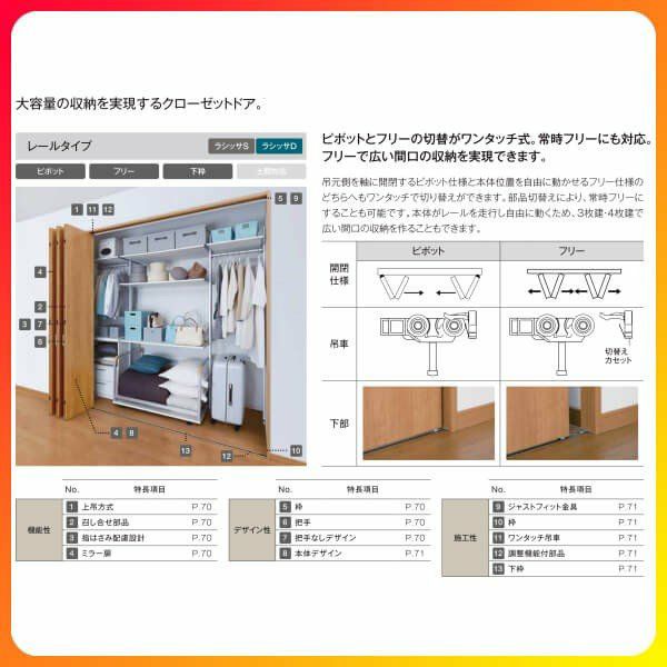 オーダーサイズ クローゼットドア 6枚折れ戸 ラシッサS レールタイプ LAD ケーシング枠 W1845～2746×H2024～2425mm 押入れ  特注折戸 交換 DIY | リフォームおたすけDIY