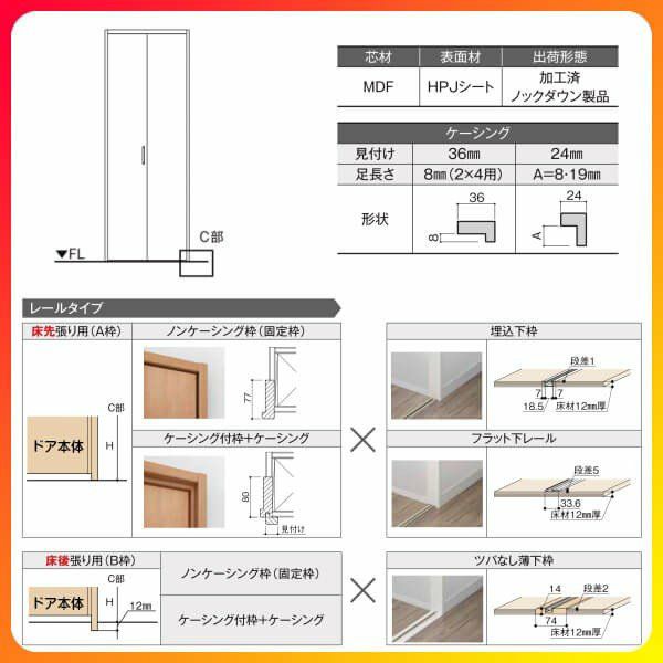 オーダーサイズ クローゼットドア 2枚折れ戸 ラシッサS レール